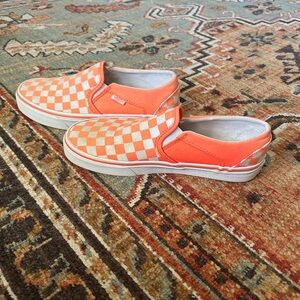 Vans Women’s Orange and White Checkered Slip-On Sneakers